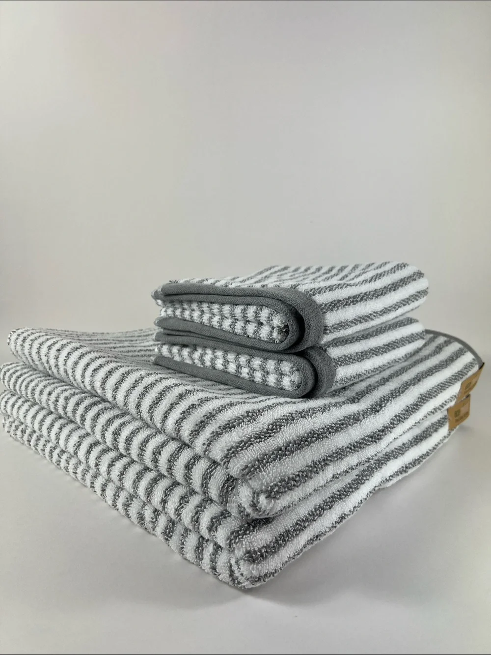 Eco Melange Bath Towels Light Gray & White Striped Soft Cotton Set of 4 NEW